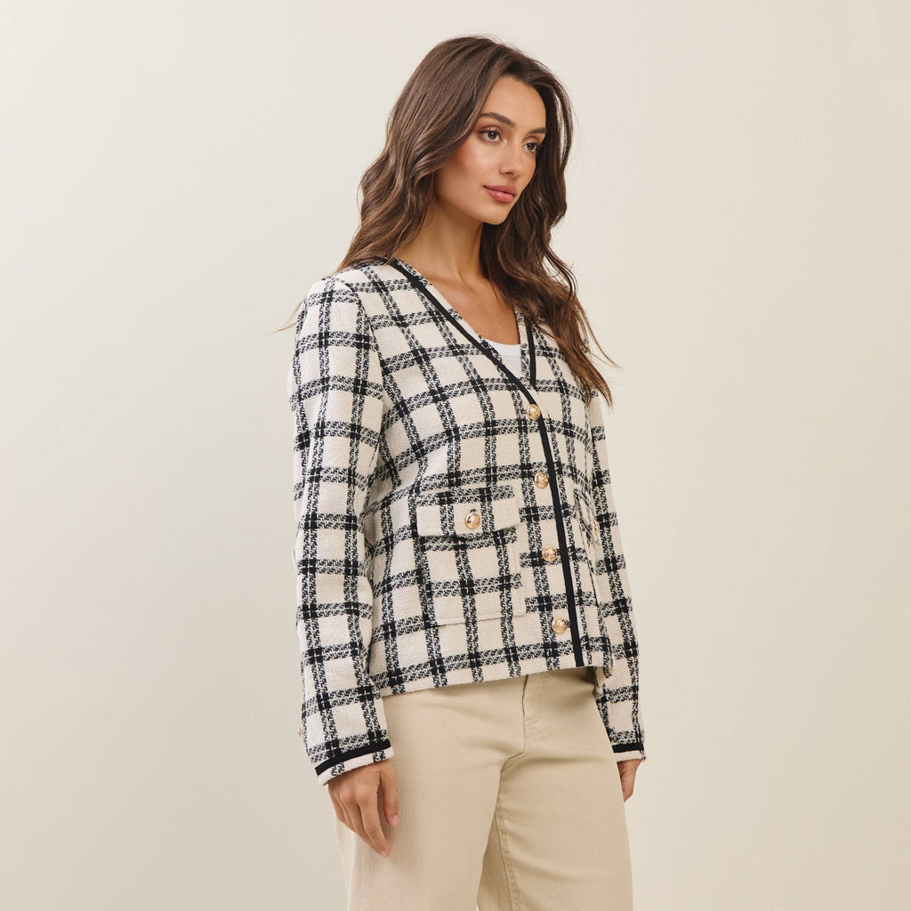 Plaid Collarless V-neck Jacket