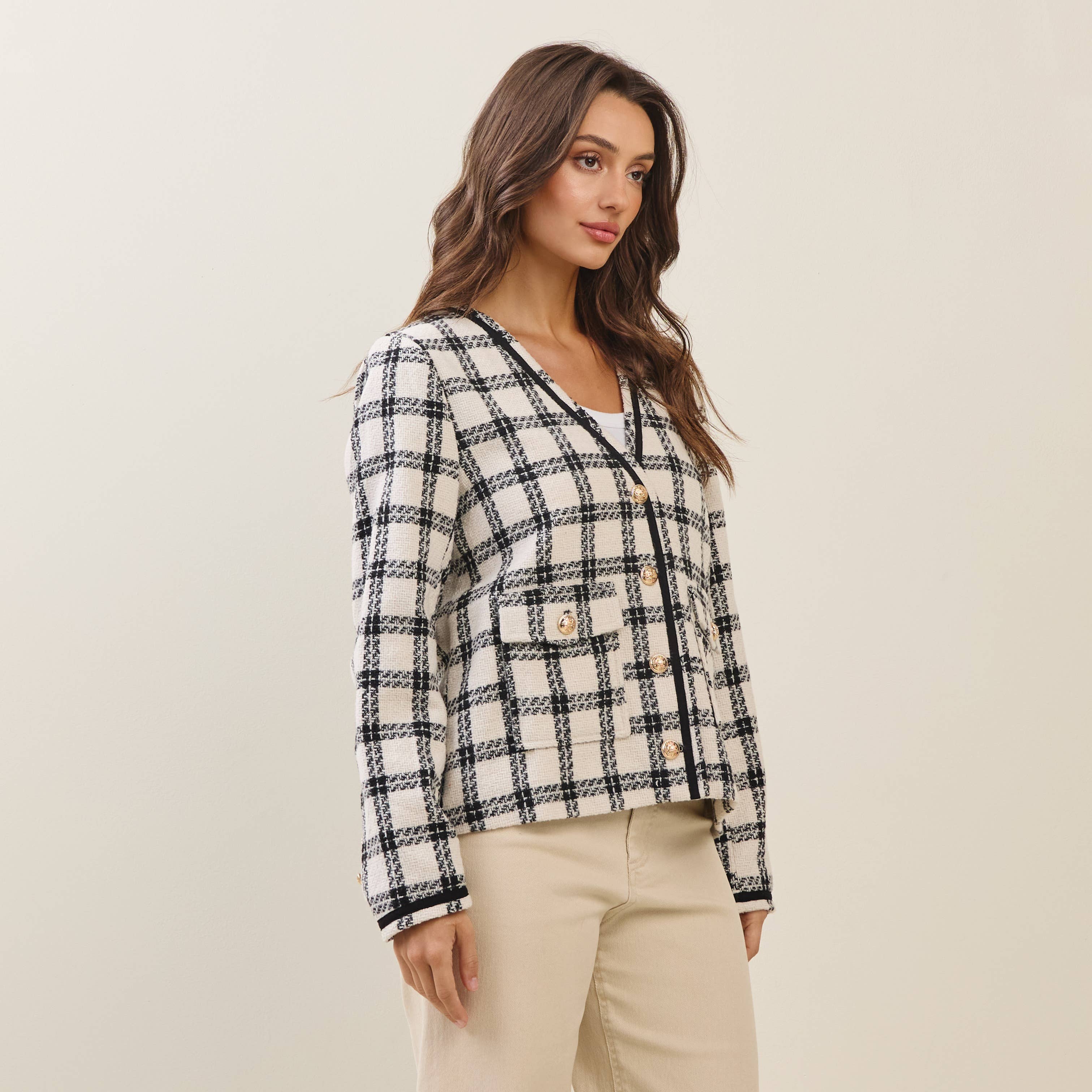 Plaid Collarless V-neck Jacket