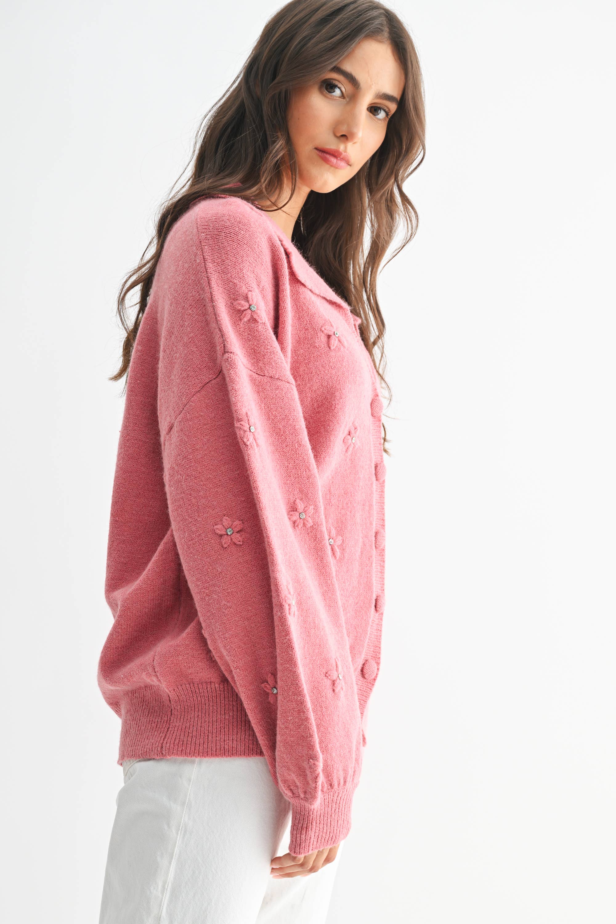 COZY PASTEL CARDGIAN WITH FLORAL EMBELLISHMENTS