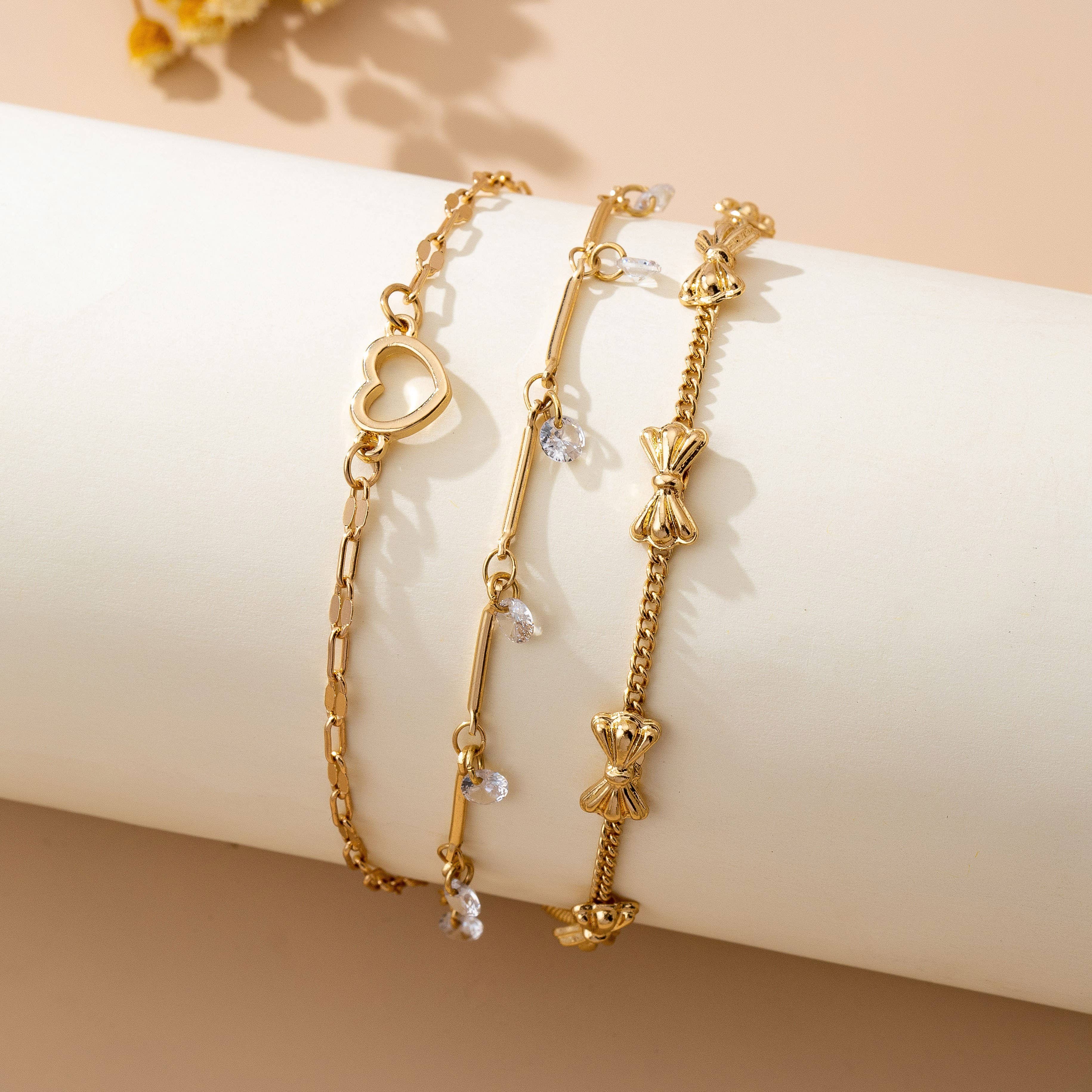 Crystal Drop Heart Bow Charm Multilayer Bracelet