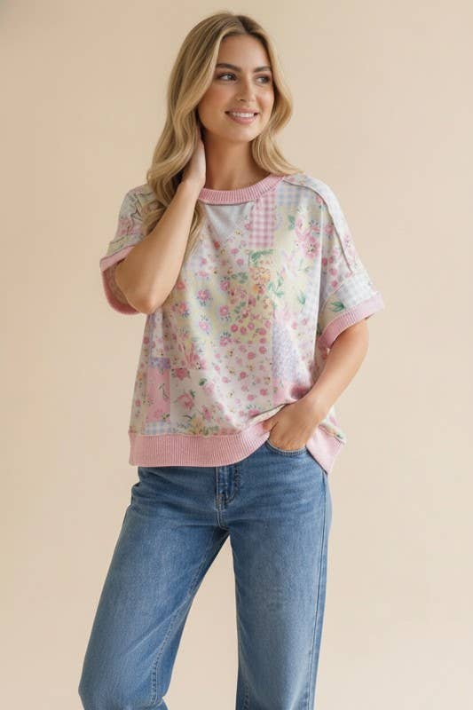 Plus Floral Patchwork Top With Triangle Detail