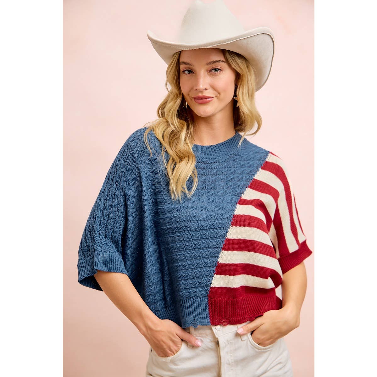 4TH OF JULY DIAGONAL STRIPE BLOCK TEXTURED KNIT TOP