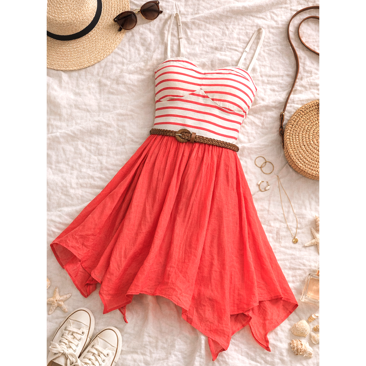 STRIPE BUSTIER HANDKERCHIEF HEM DRESS