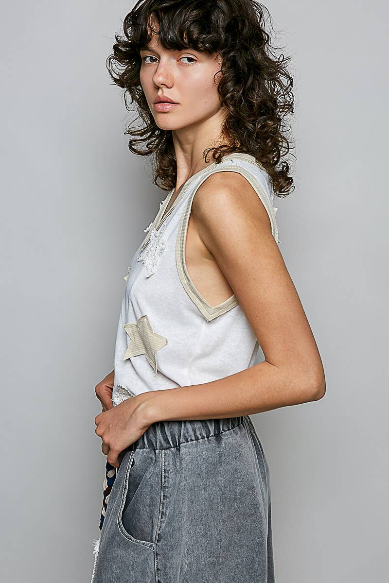 V-neck Sleeveless Front Star Patches Solid Basic Top SALE