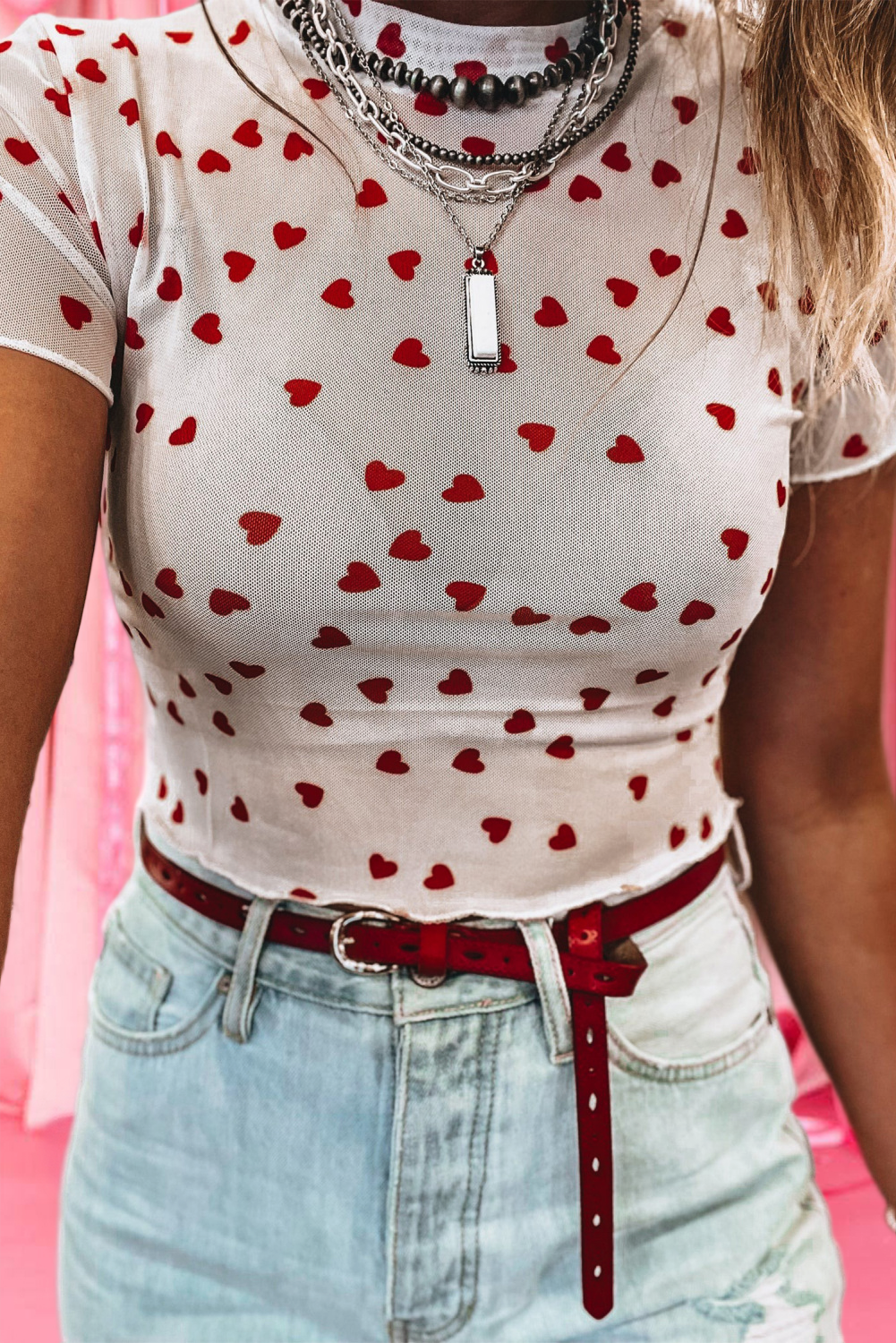 Heart Mock Neck Mesh Valentine's Day Top