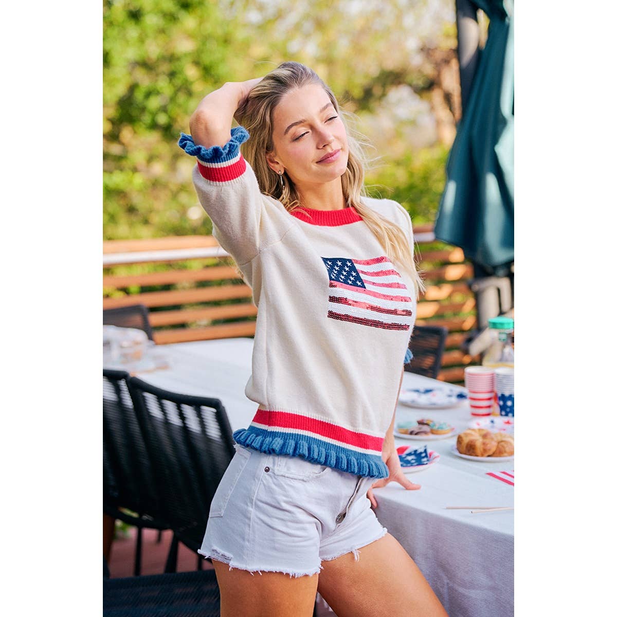 4TH OF JULY SEQUIN AMERICA FLAG RUFFLE KNIT TOP