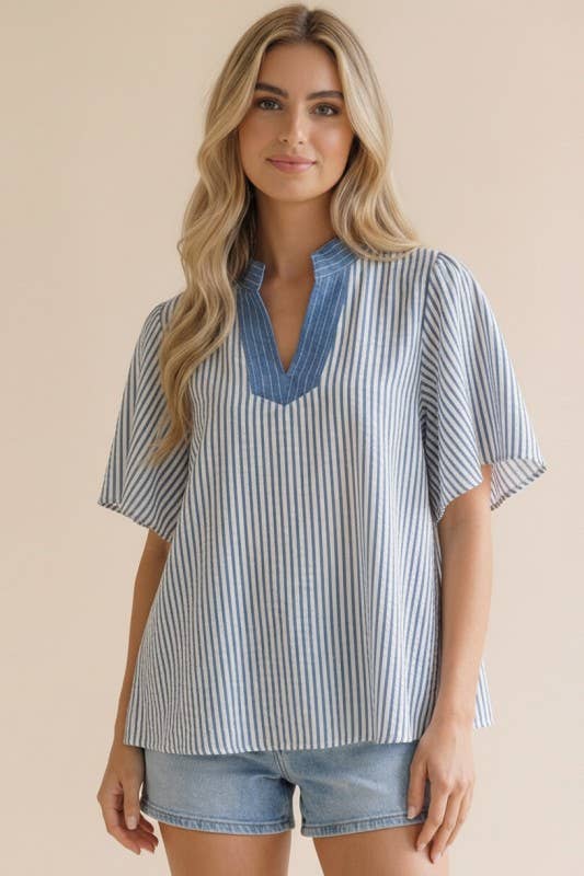 Plus Stitched Neck Band Flutter Sleeve Stripe Top