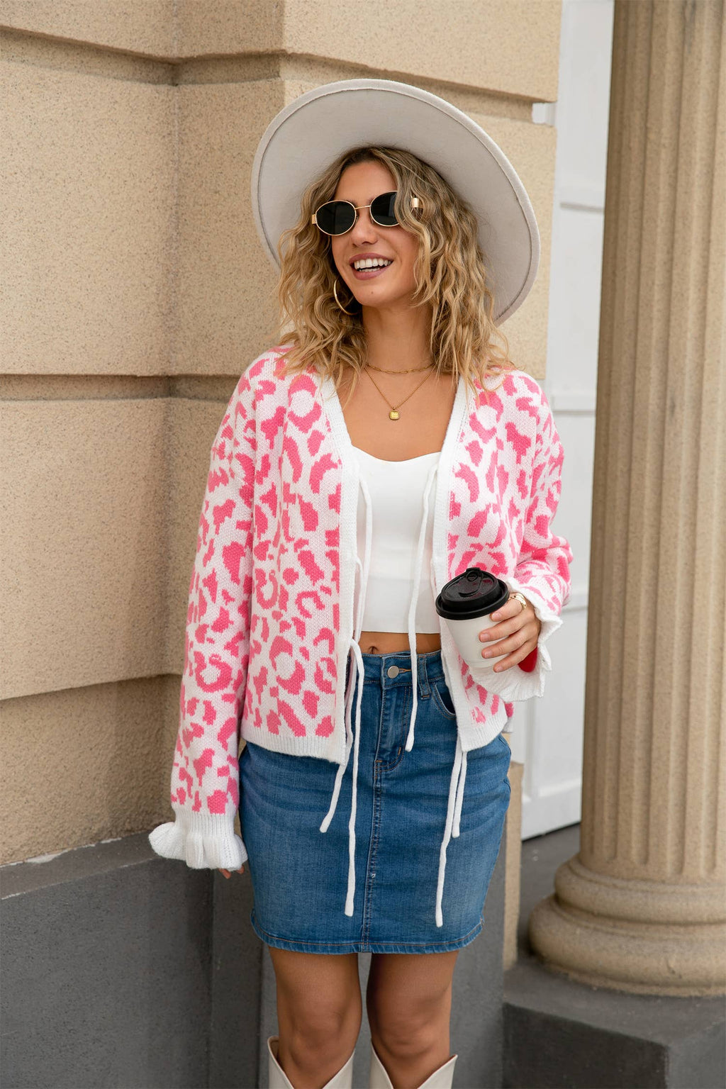Leopard Knit Cropped Bow Cardigan