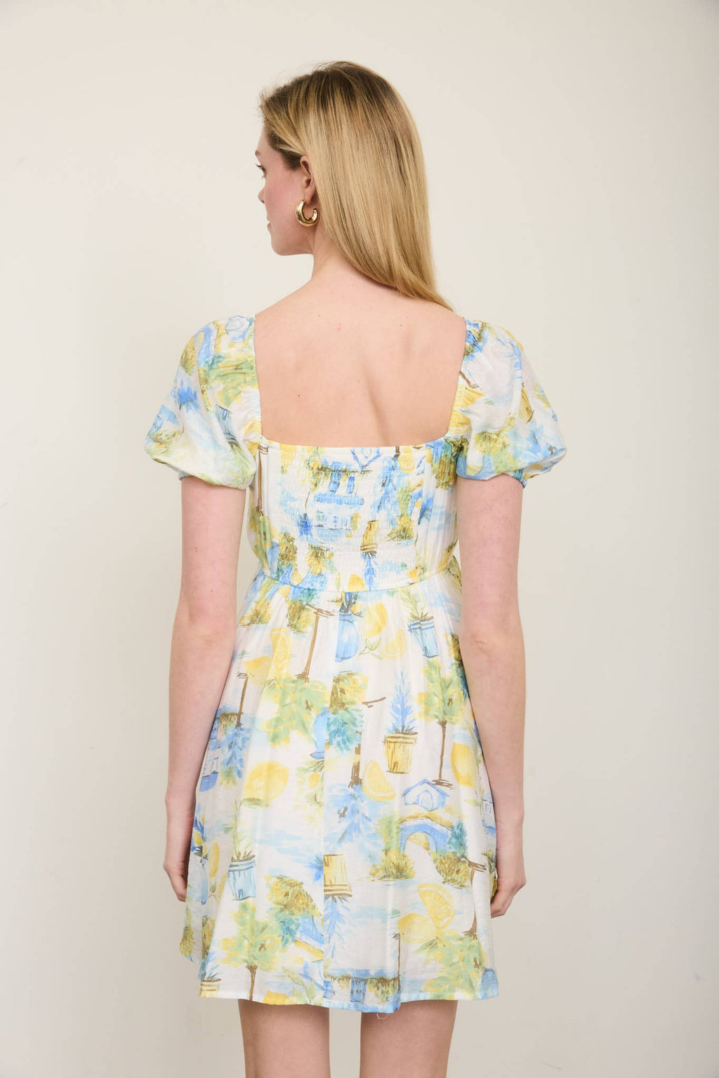LEMON PRINT PLEATED SHORT PUFF SLEEVE MINI DRESS