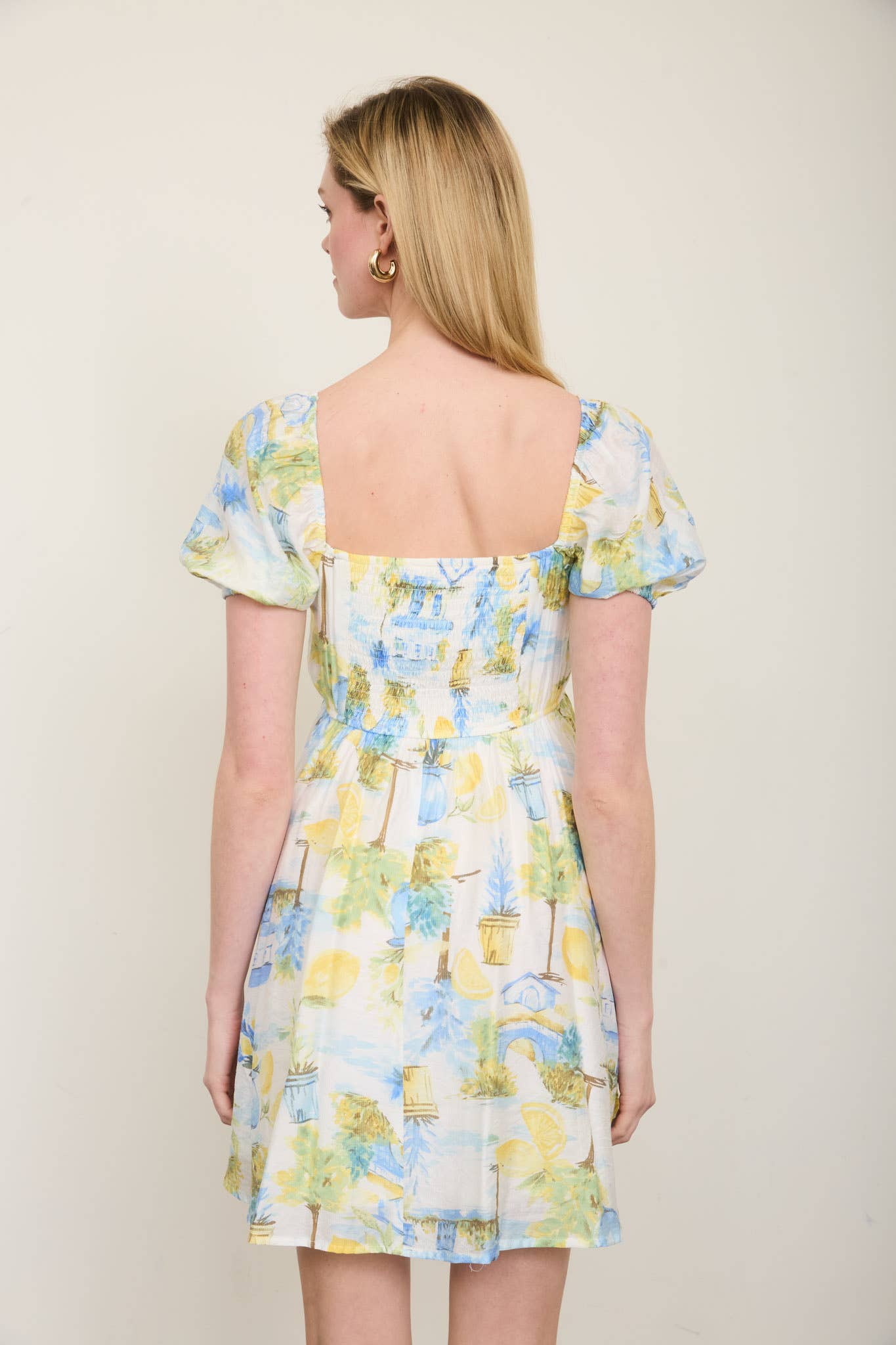 LEMON PRINT PLEATED SHORT PUFF SLEEVE MINI DRESS