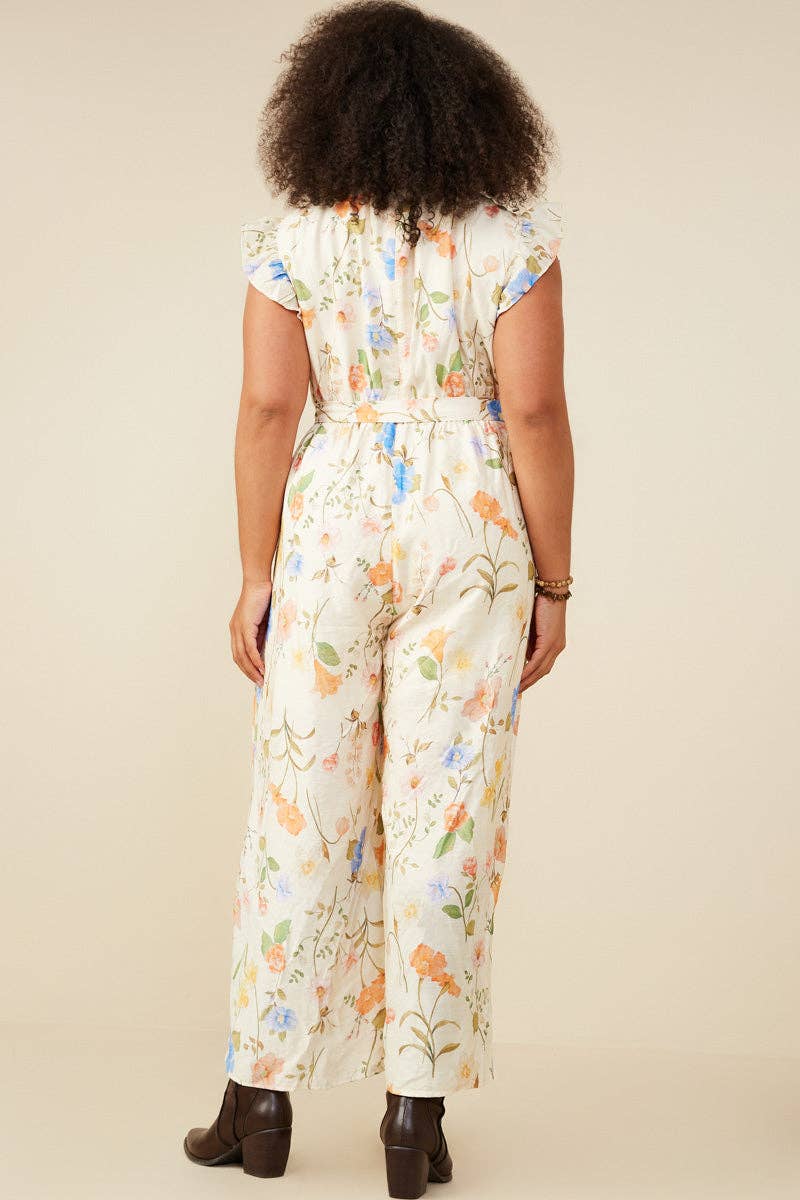 Womens Textured Floral Smock Neck Sleeveless Jumpsuit