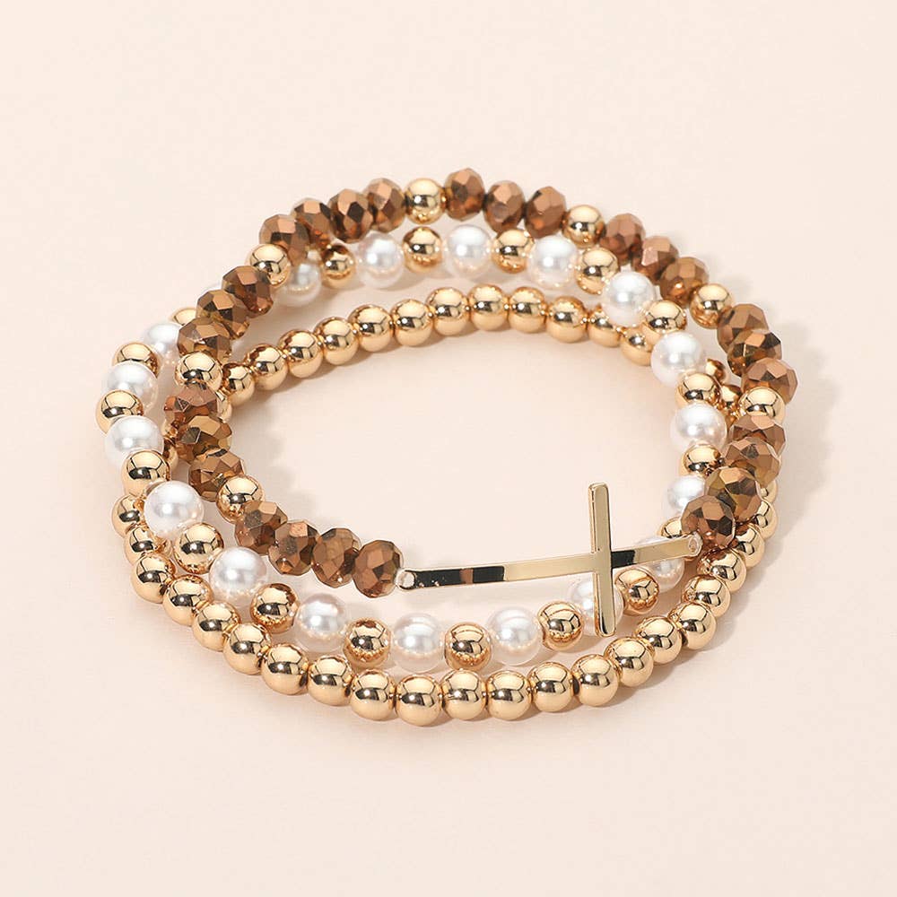 3PCS - Cross Charm Pearl Metal Ball Faceted Beaded Stretch Multi Layered Bracelets