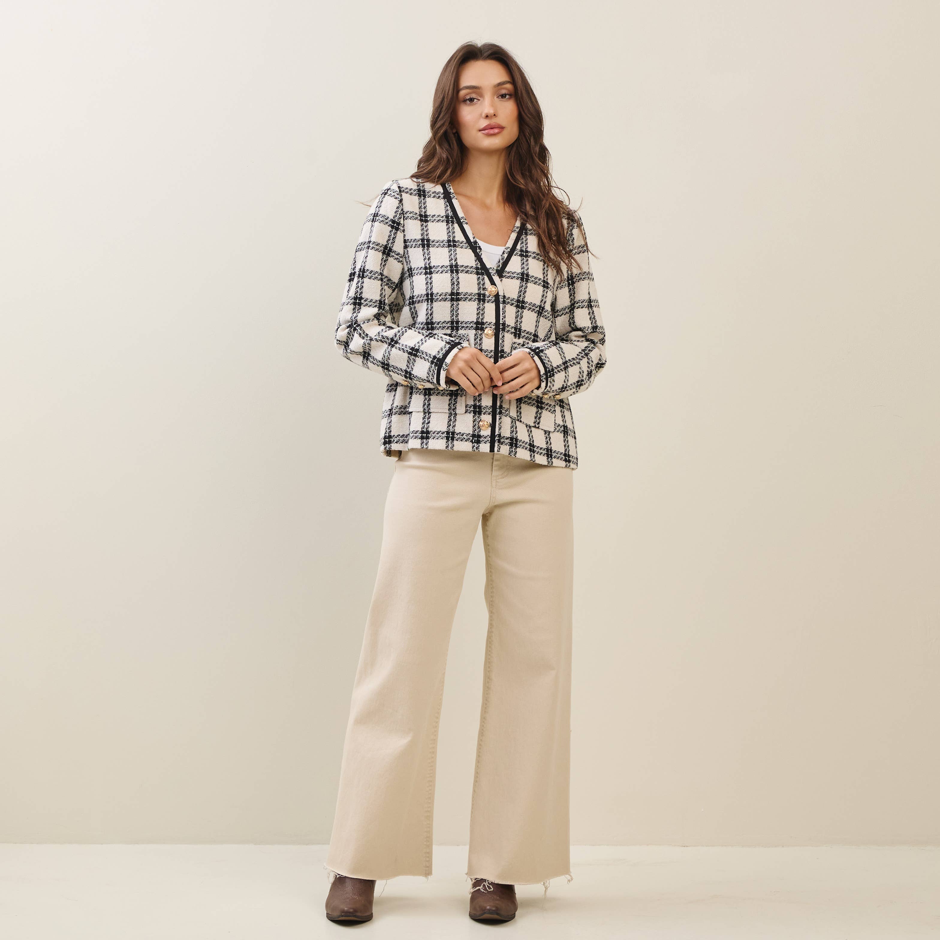 Plaid Collarless V-neck Jacket