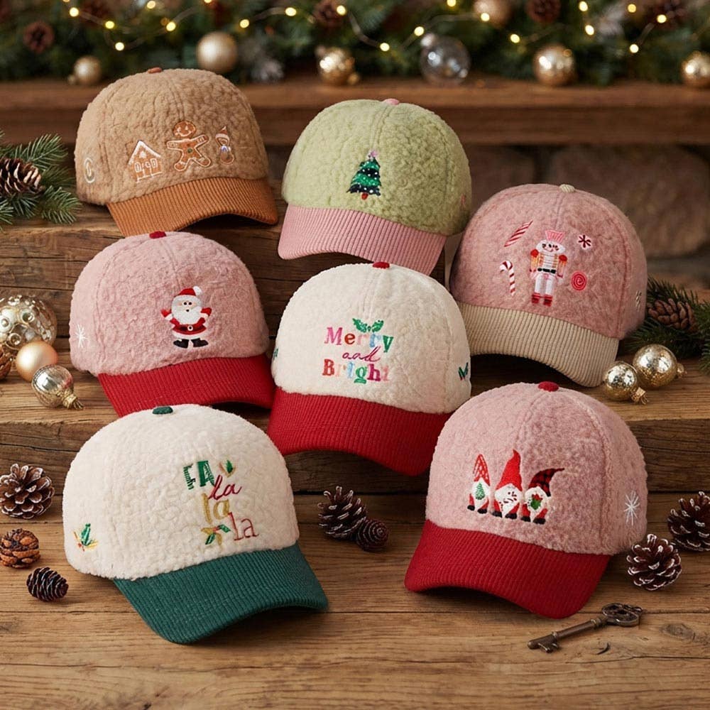 MERRY and BRIGHT Embroidered Fuzzy Corduroy Baseball Cap