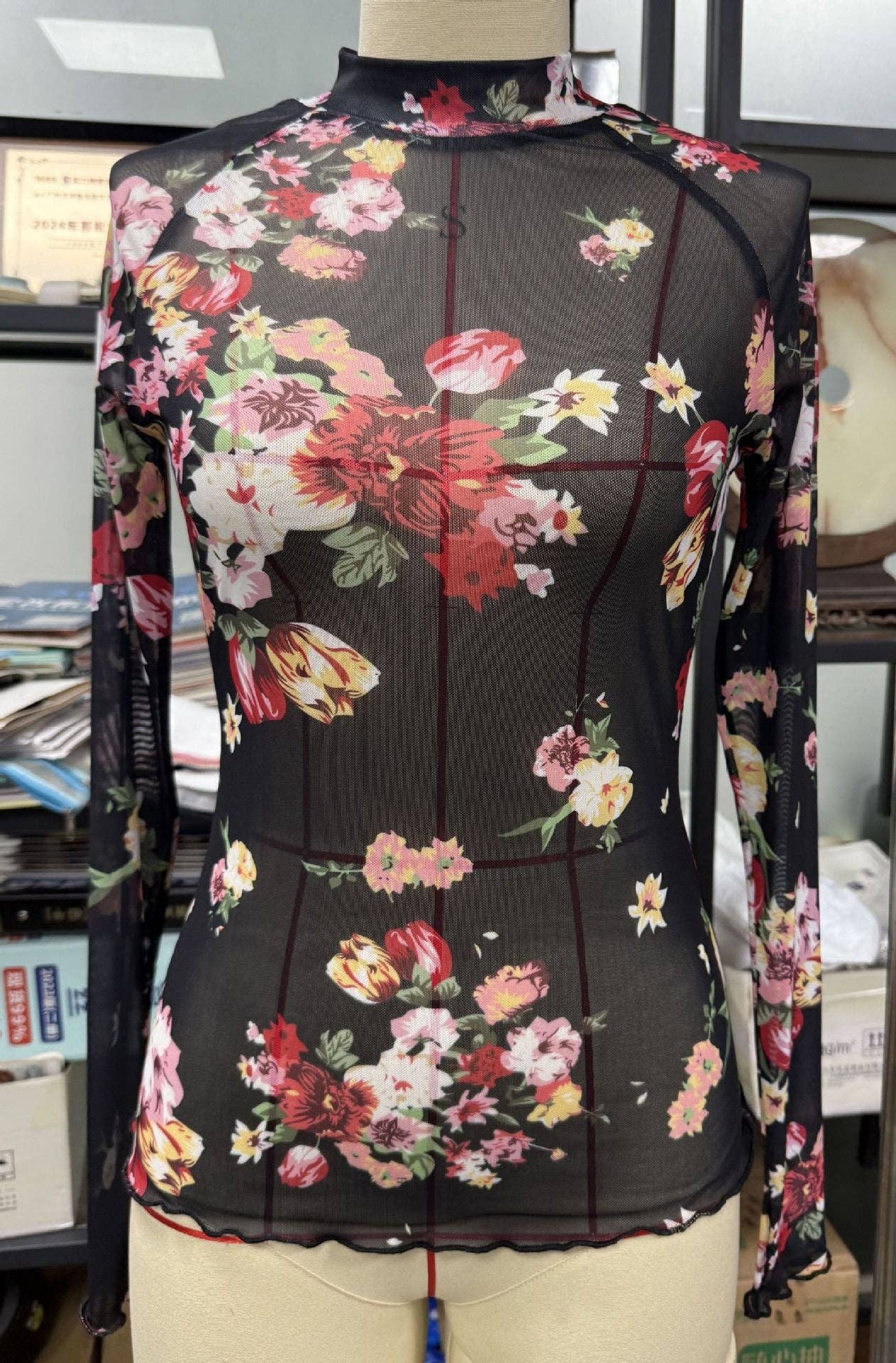 High Neck Long Sleeve Floral Lace Mesh Pullover T Shirt