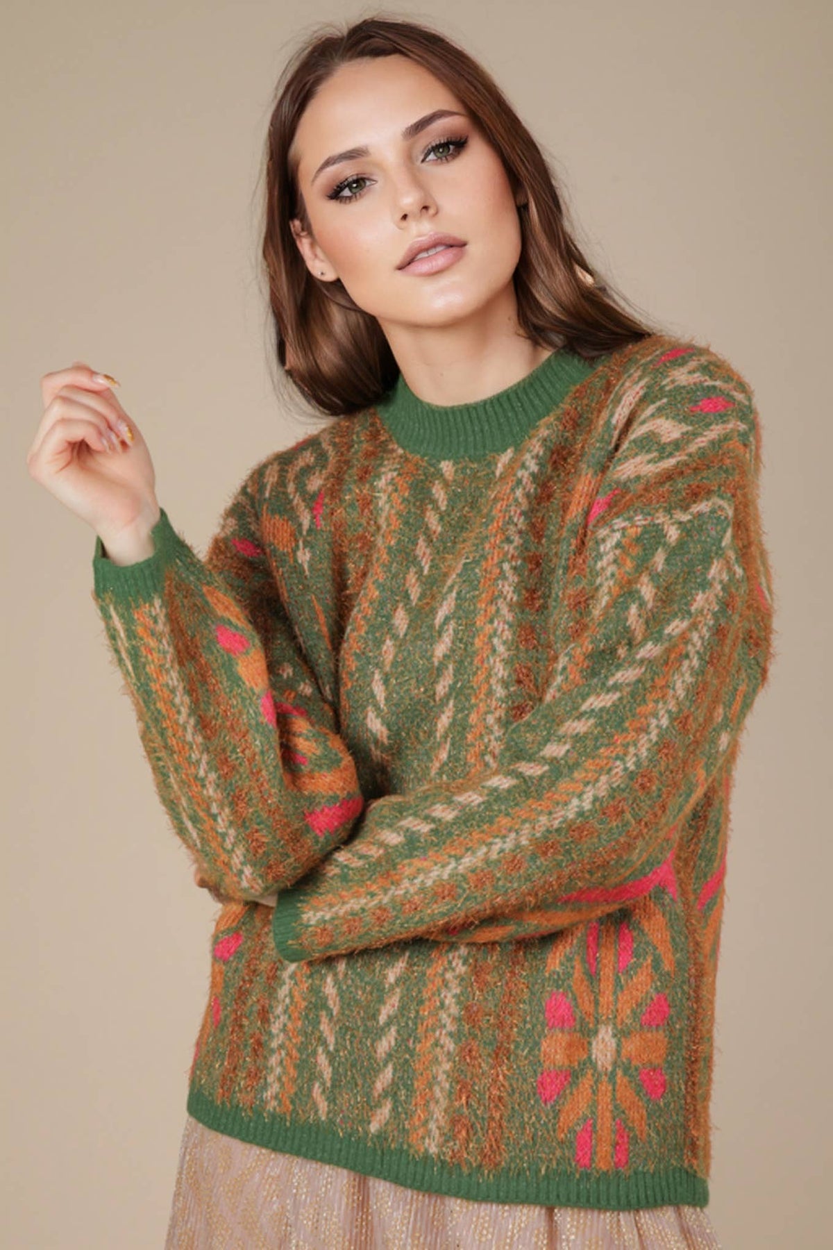 Printed Lurex Oversized Knit Sweater Top