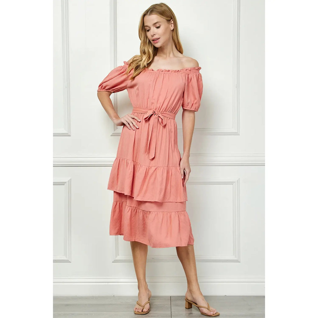LINEN DOUBLE TIER PUFF SLEEV DRESS