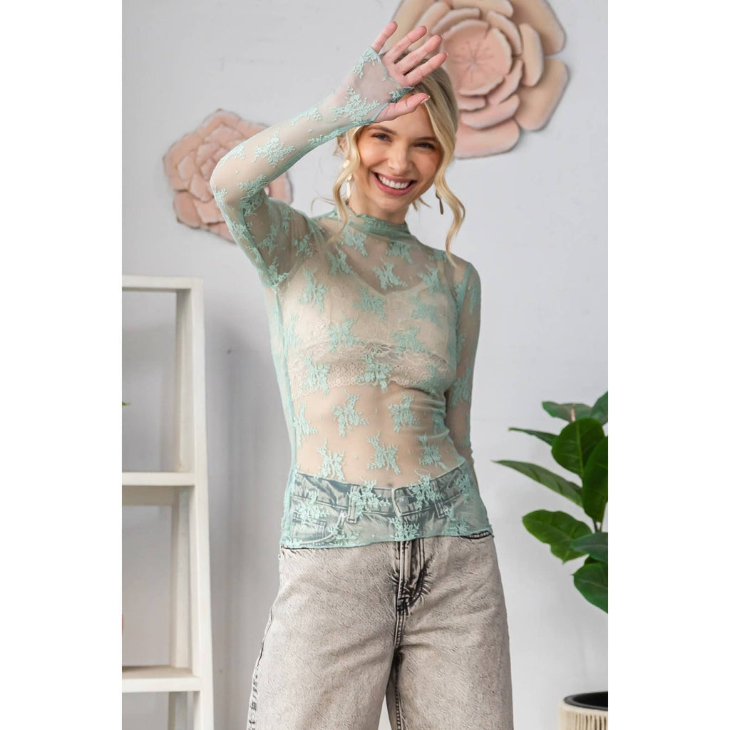 Lace Long Sleeve See Through Top