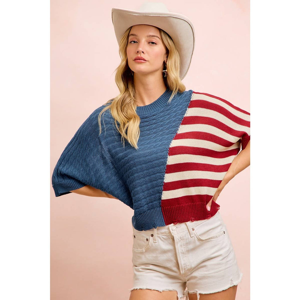 4TH OF JULY DIAGONAL STRIPE BLOCK TEXTURED KNIT TOP