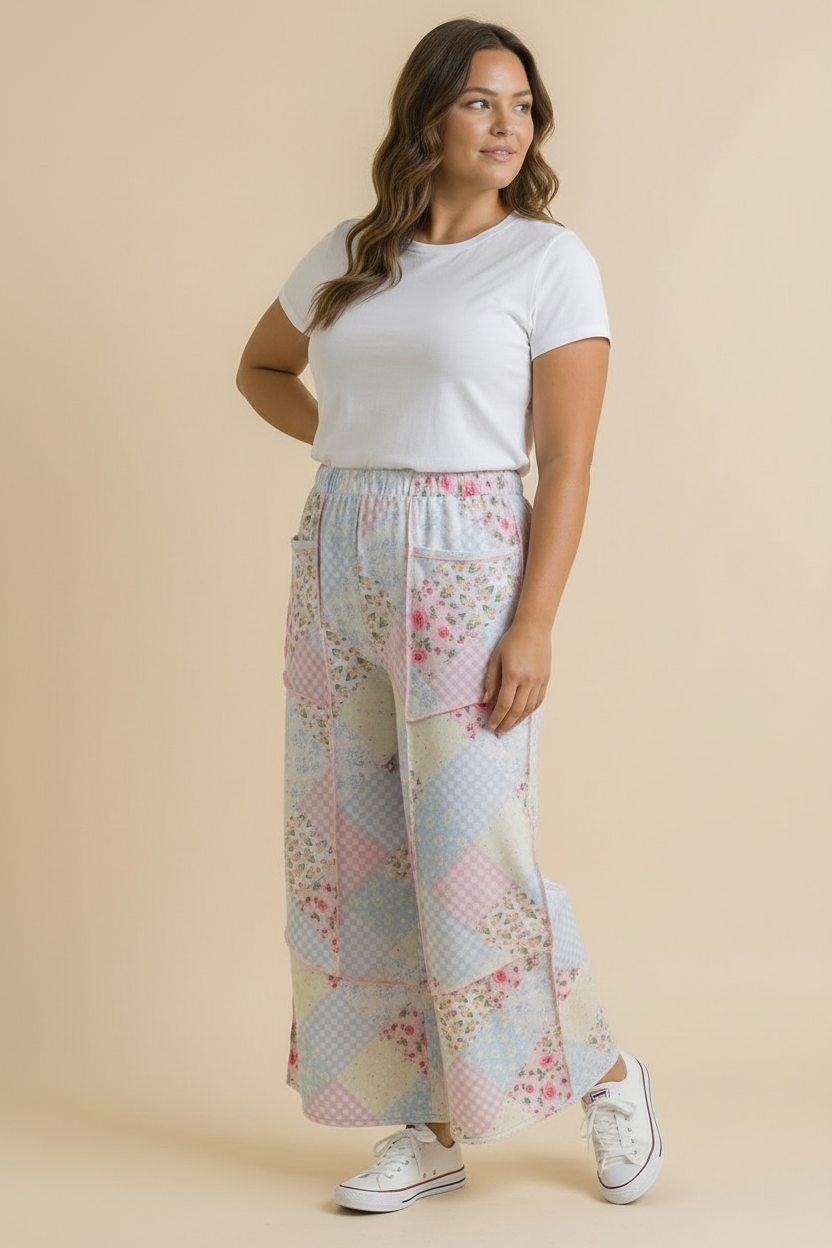 Plus Floral Patchwork Reverse Stitch Wide Leg Pant