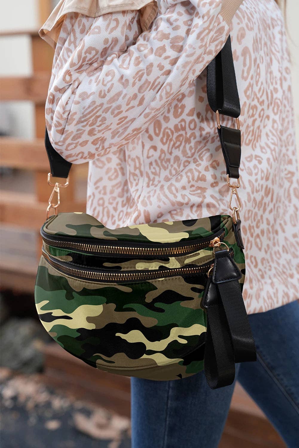 Camo Print Crossbody Shoulder Bag with Gold Chain Detail