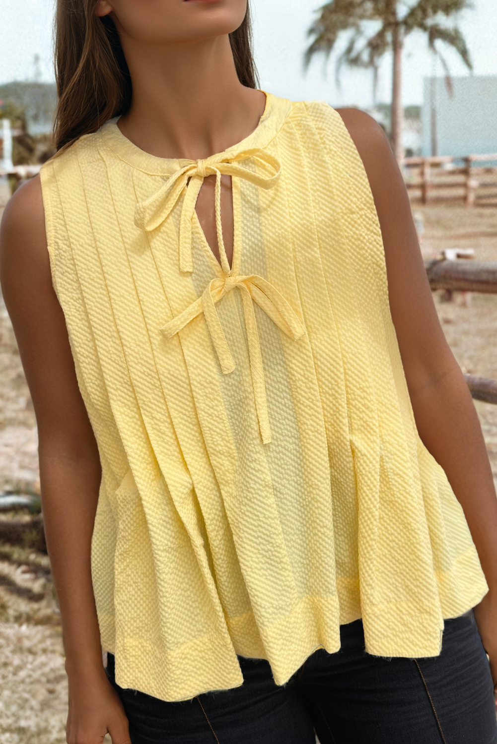 Fashion-W Bow Tie Notched Neck Pleated Tank Top