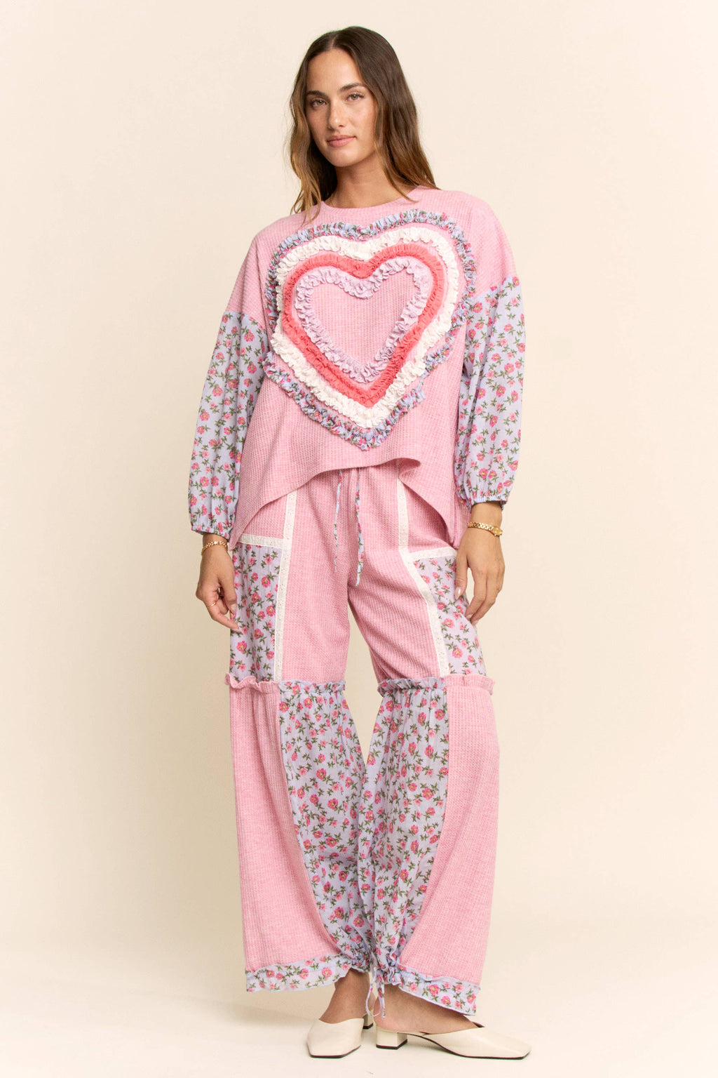 WAFFLE KNIT FLOWER PRINT LACE ELASTIC WAIST PANT