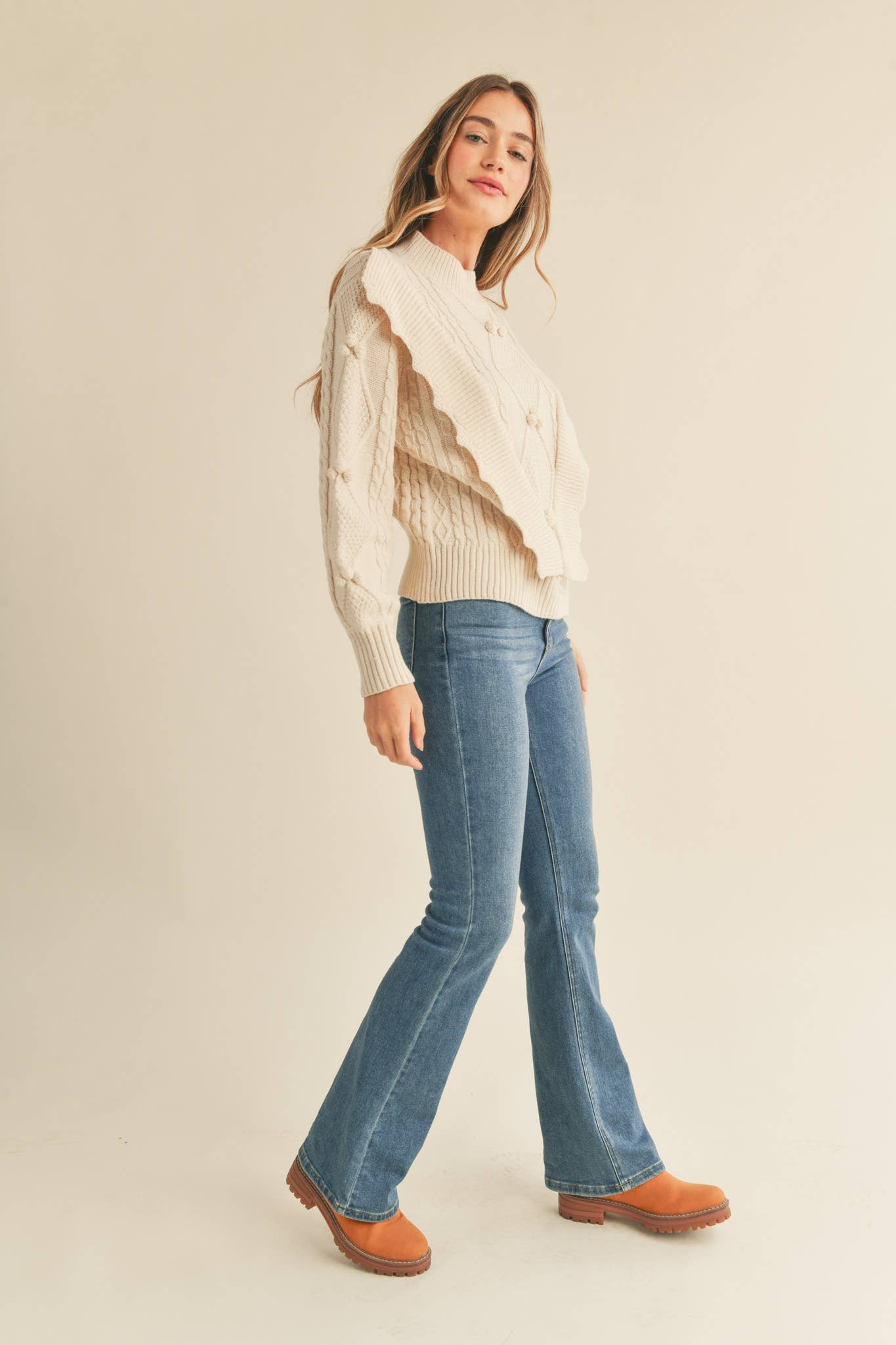 MOCK NECK CABLE KNIT PULLOVER WITH POM