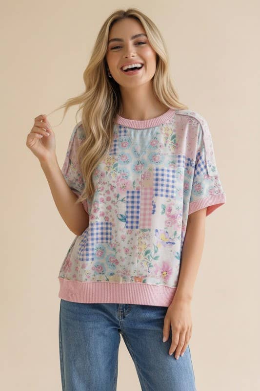 Plus Floral Patchwork Top With Triangle Detail