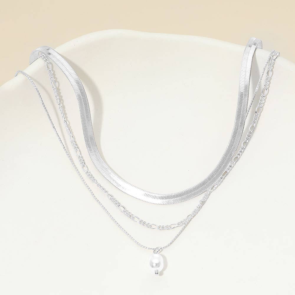 18K Gold Dipped Pearl Accent Herringbone Chain Layered Necklace