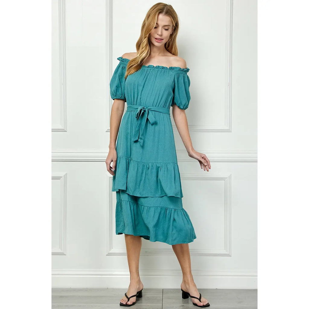 LINEN DOUBLE TIER PUFF SLEEV DRESS