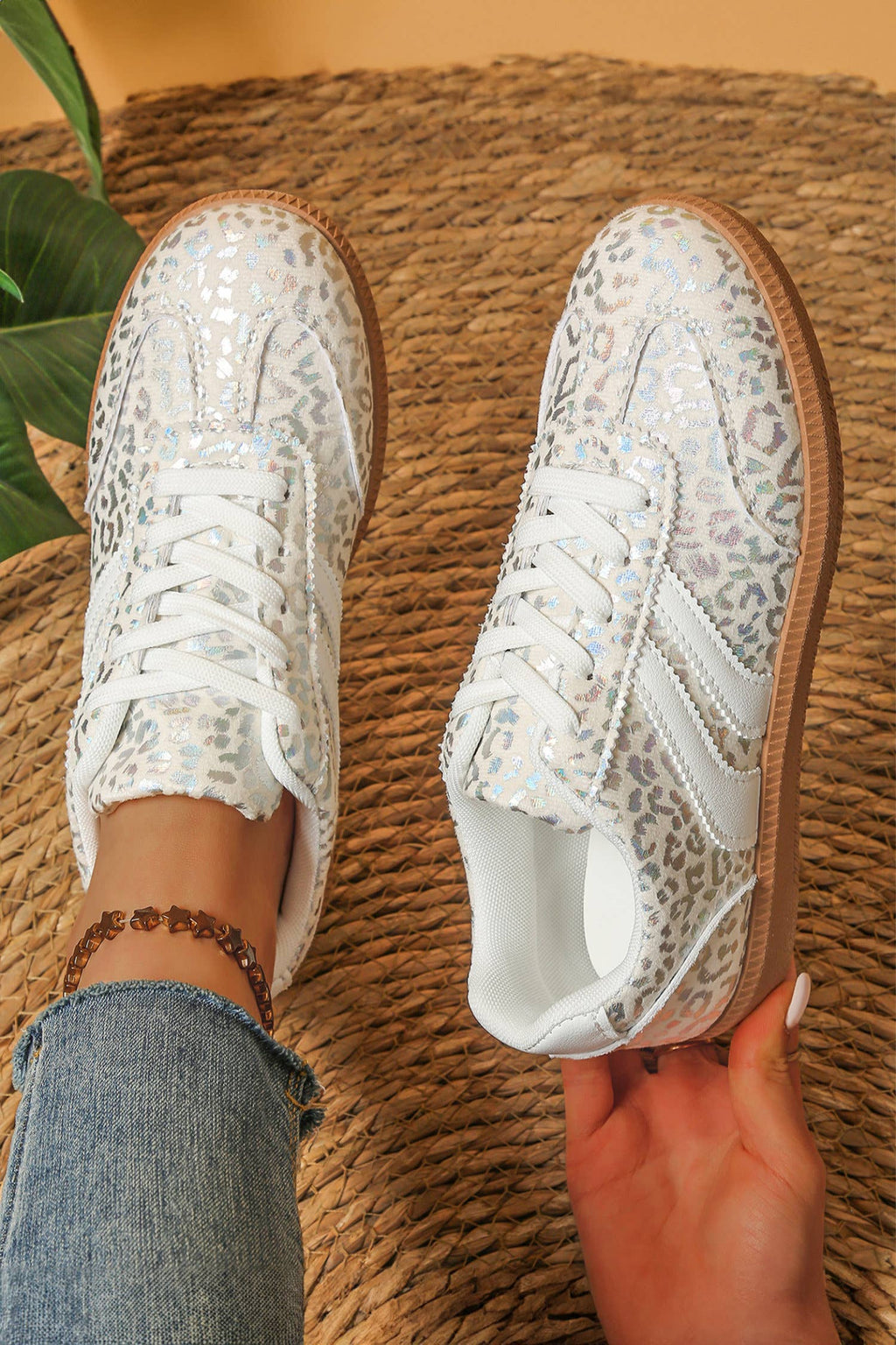 Leather Detail Shimmer Leopard Printed Lace-up Sneakers