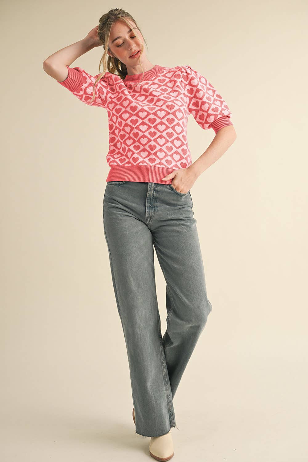 CHECKERED HEART PATTERN SWEATER