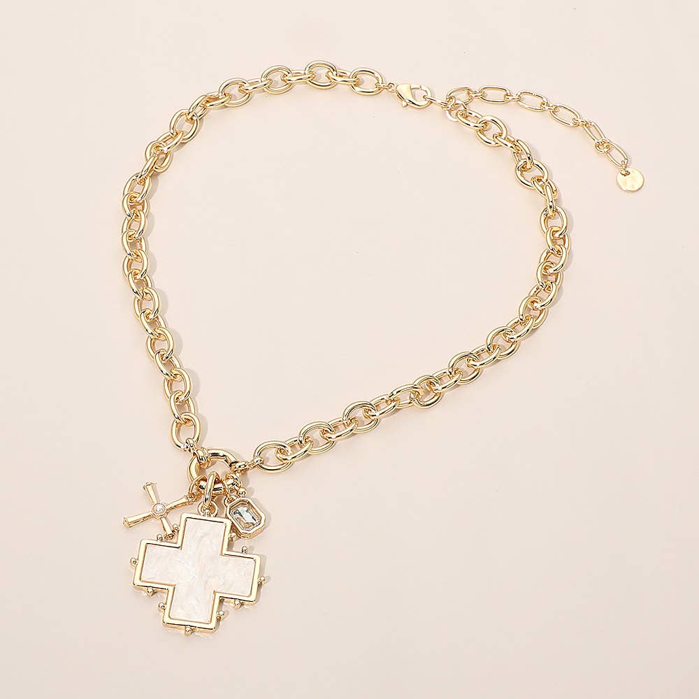 Bold Cross Rectangular Stone Frame Charm Pendant Chunky Chain Necklace