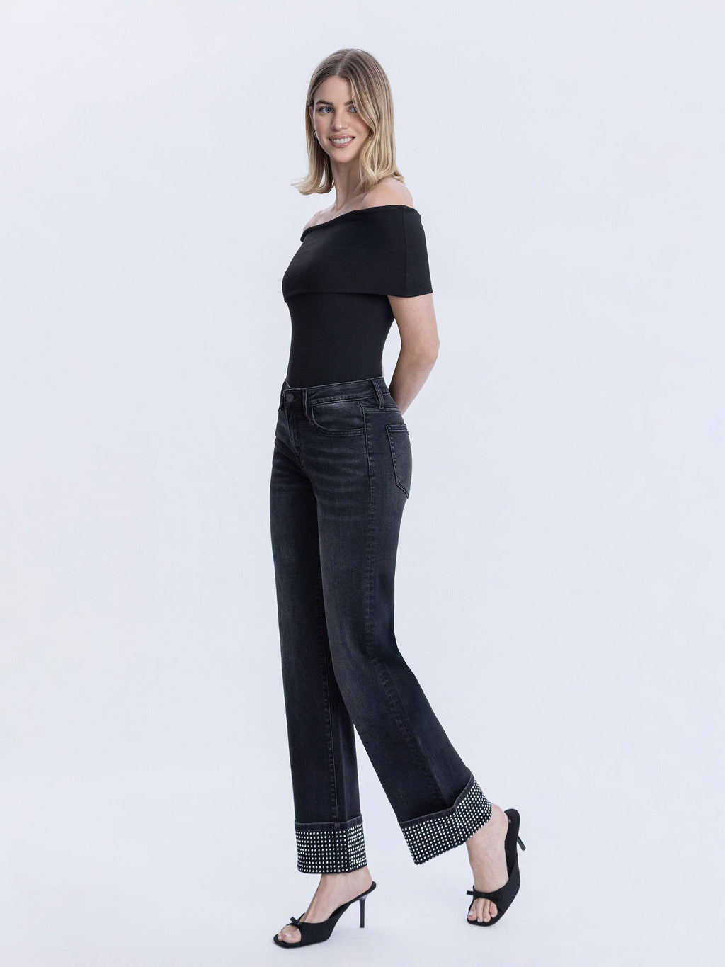 MID RISE RHINESTONE CUFFED BLACK SLIM WIDE JEANS