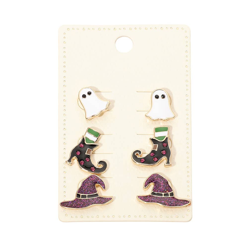 3Pairs - Halloween Ghost Witch Boot Hat Stud Earring Set