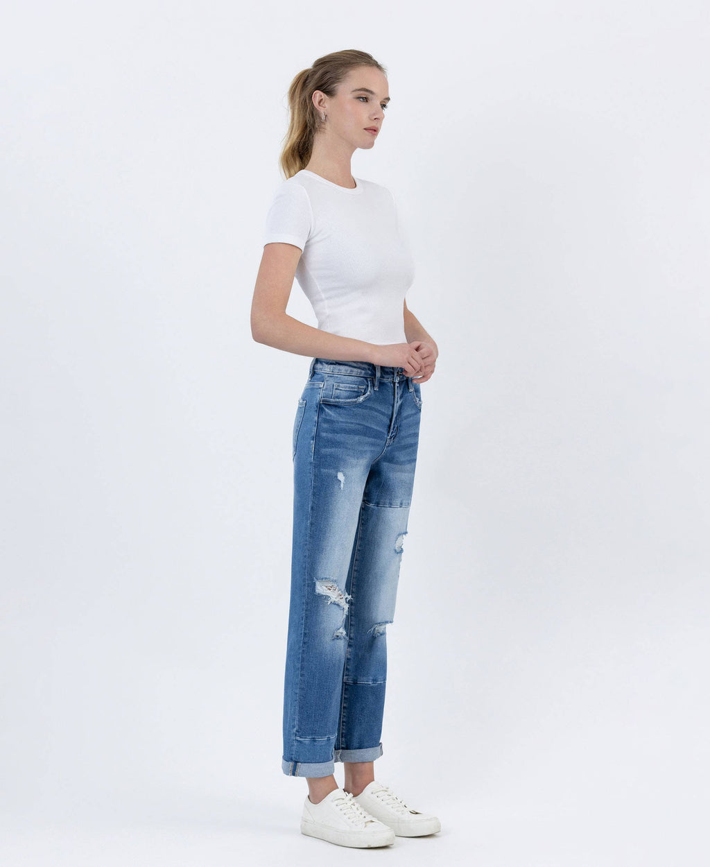 HIGH RISE COLOR BLOCK CUFFED BOYFRIEND JEANS - FLYING MONKEY