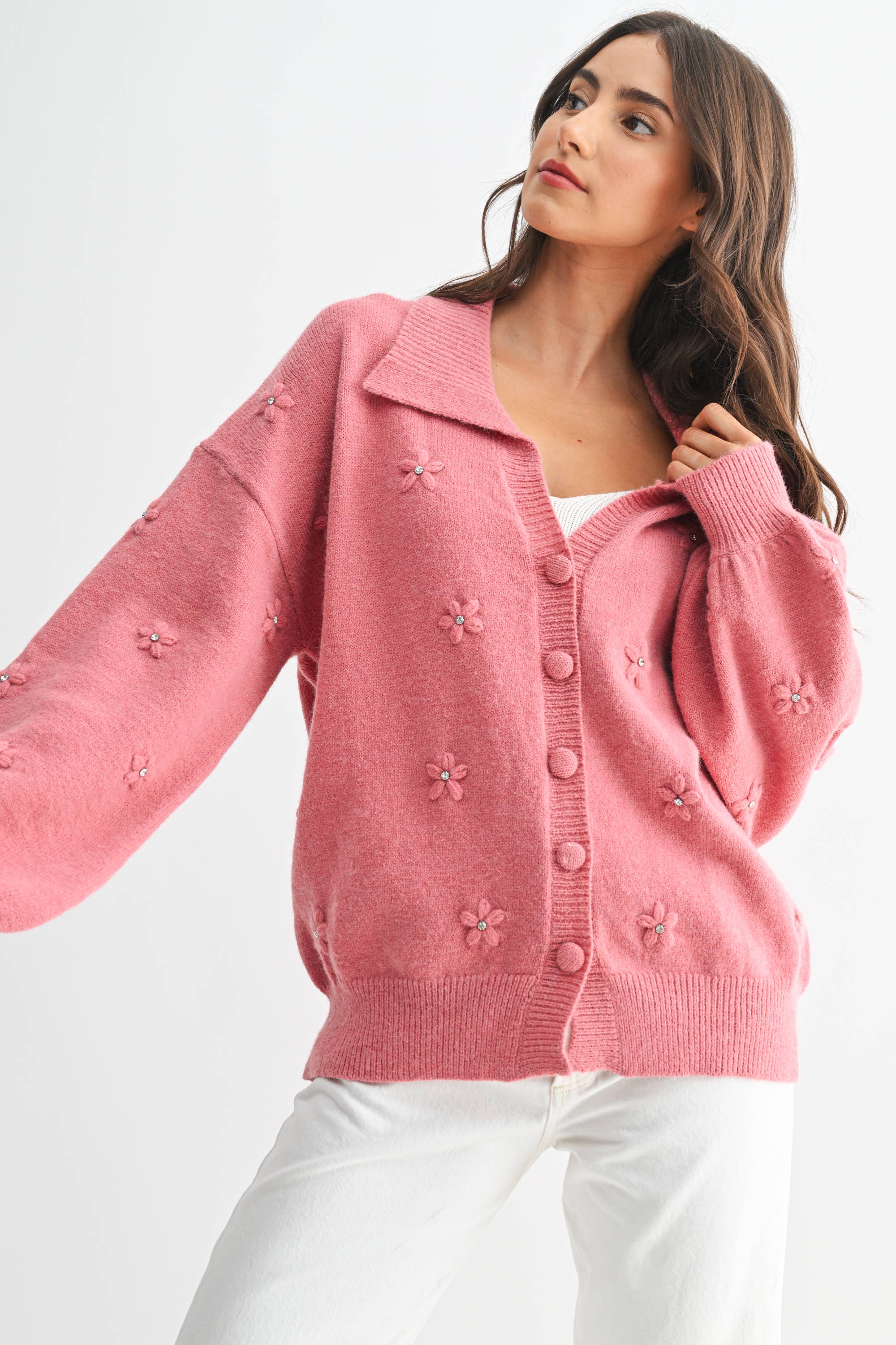 COZY PASTEL CARDGIAN WITH FLORAL EMBELLISHMENTS