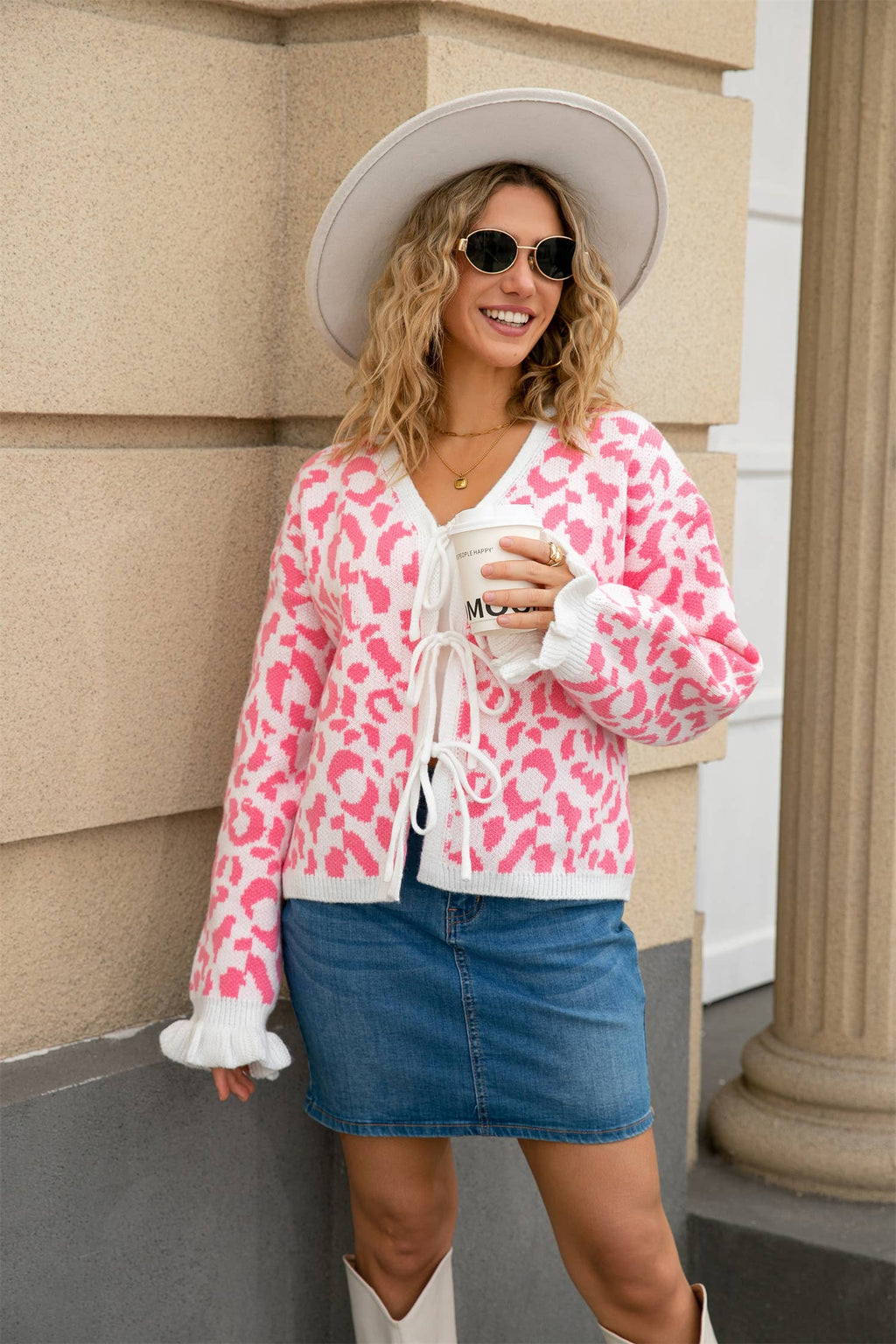 Leopard Knit Cropped Bow Cardigan