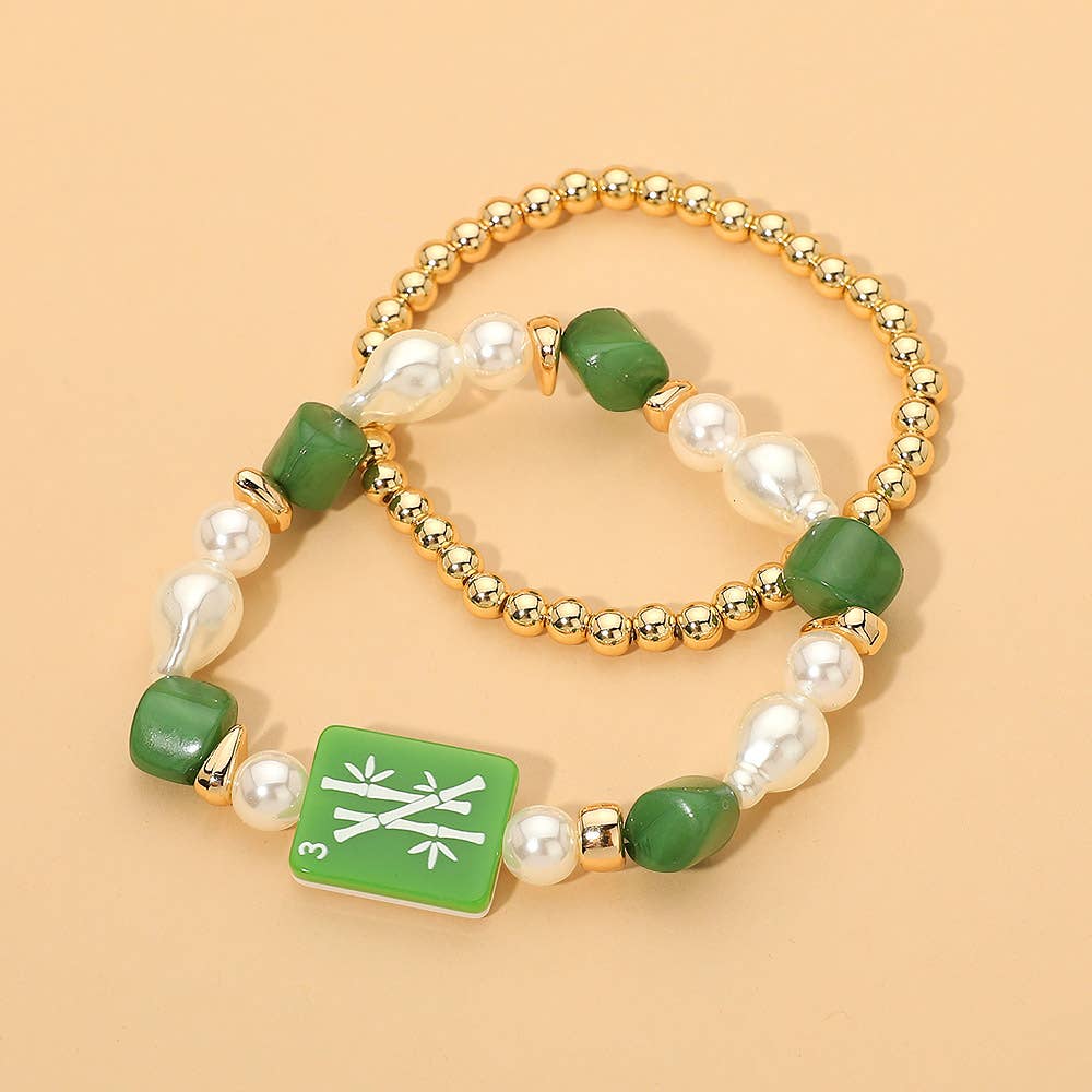 2PCS - Mahjong Tile Pearl Beaded Stretch Multi Layered Bracelets