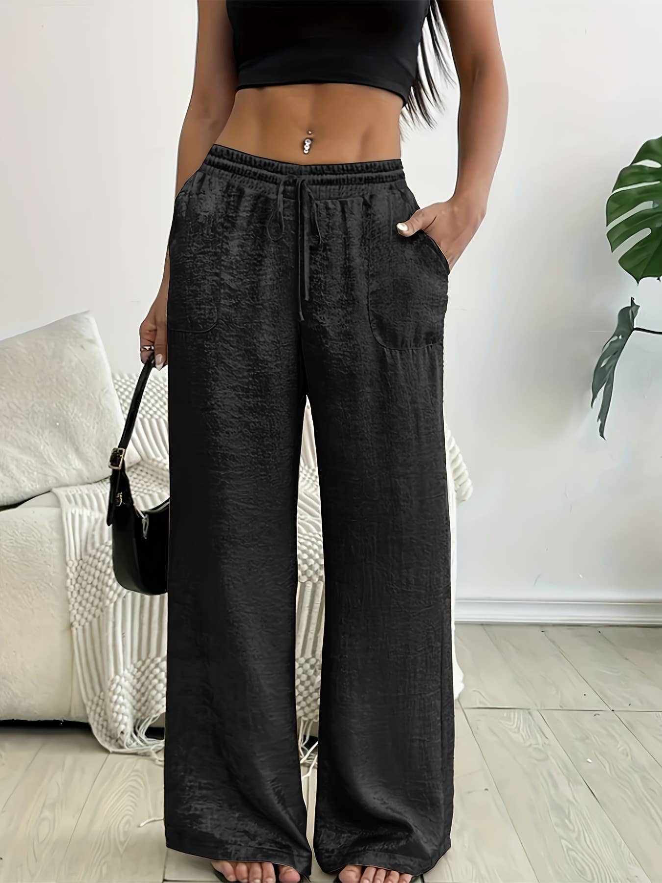Elastic-waist stamping bronzing wide-leg pants