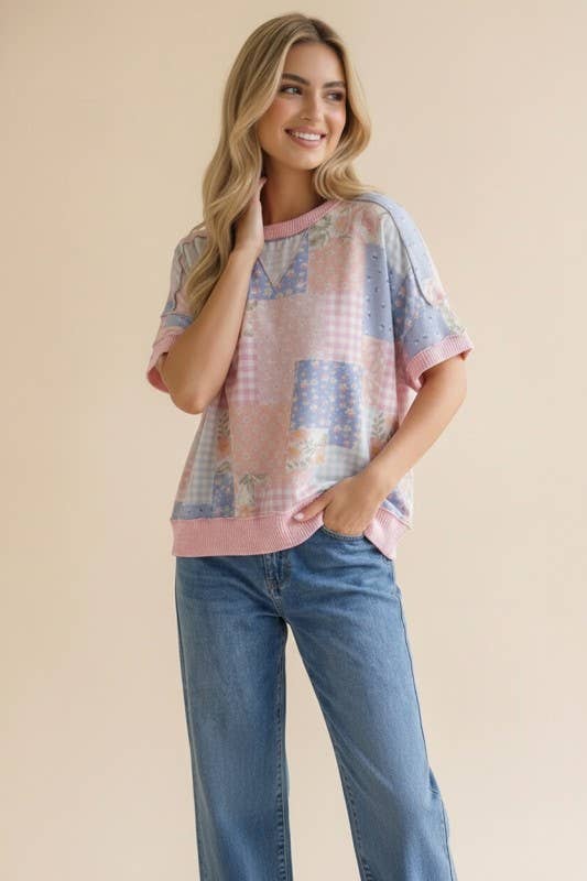 Plus Floral Patchwork Top With Triangle Detail