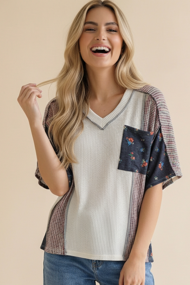 Plus Floral Pocket Dolman Wave Rib Knit Top