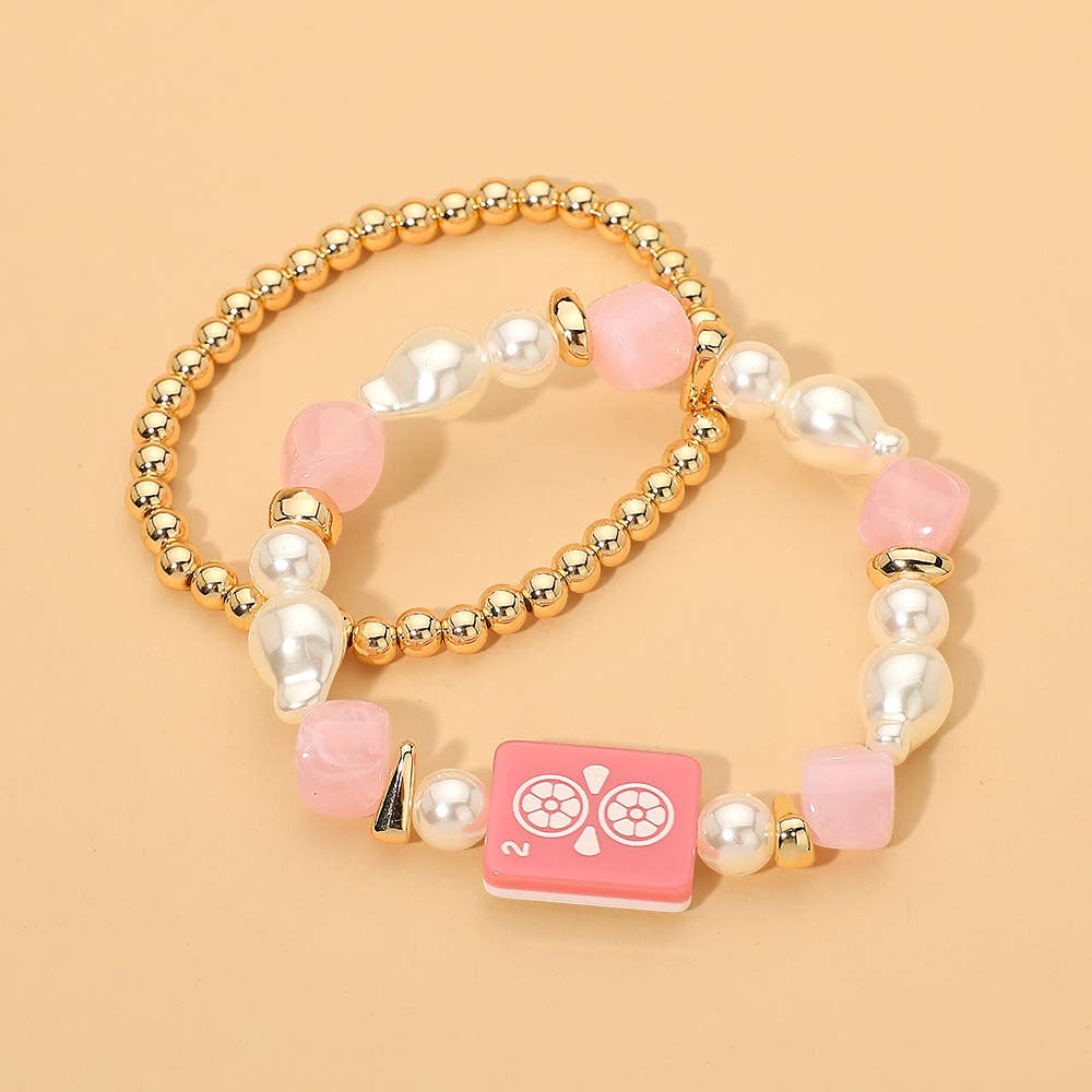 2PCS - Mahjong Tile Pearl Beaded Stretch Multi Layered Bracelets