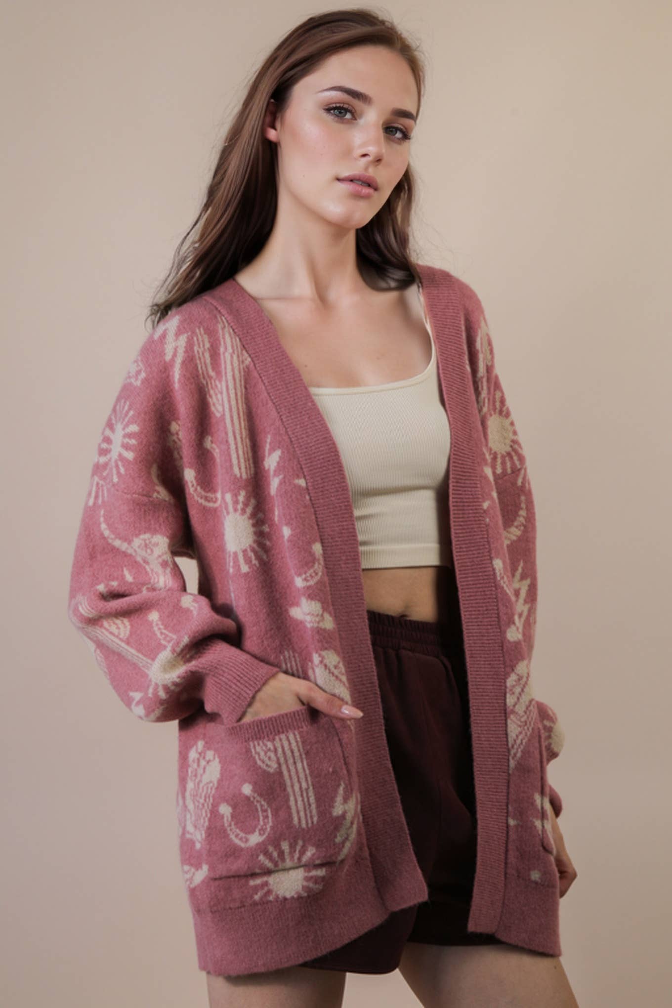 Oversized Western Graphic Knit Sweater Cardigan
