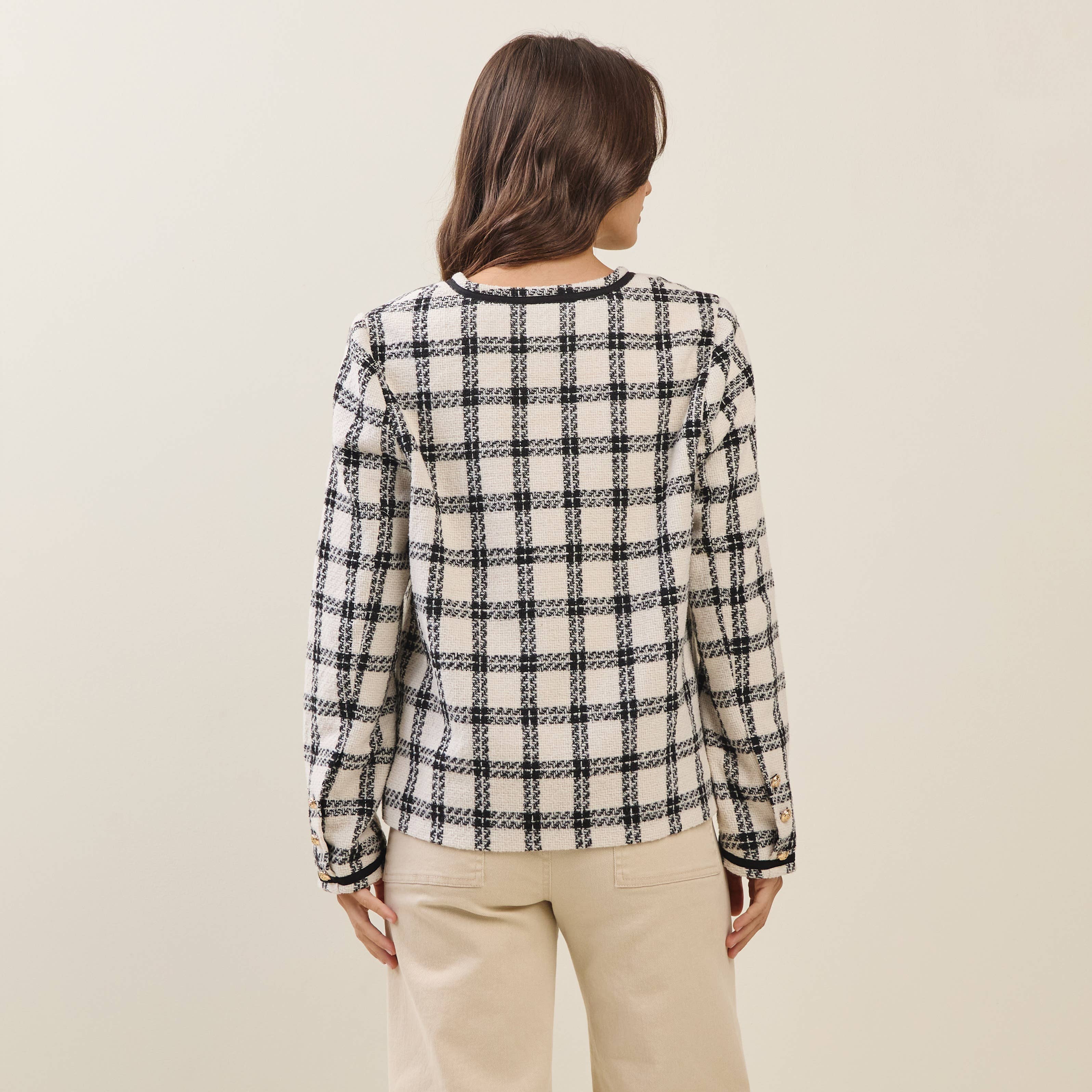 Plaid Collarless V-neck Jacket