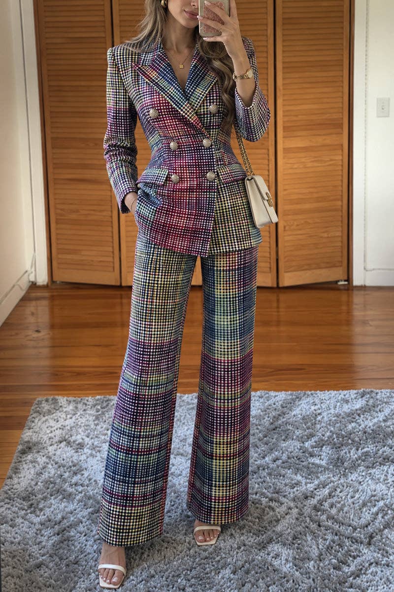 Plaid Double-Breasted Blazer Pants Set