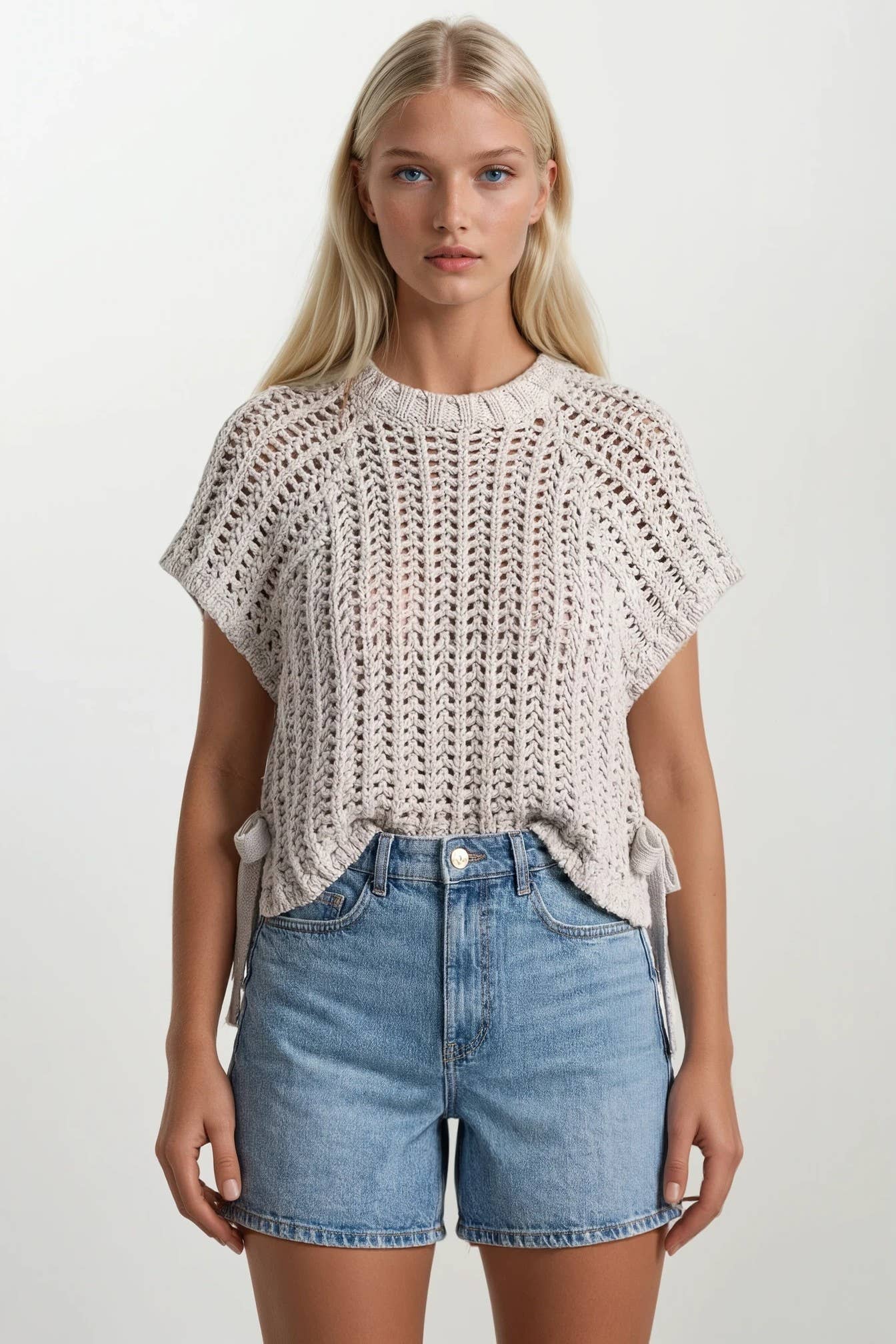 CHUNKY KNIT CROCHET SWEATER TOP WITH SIDE TIES