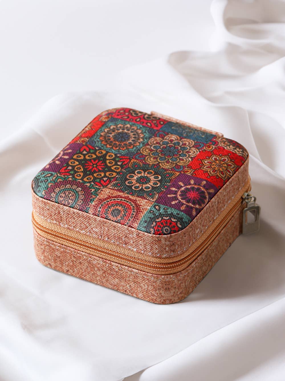 Retro Floral Print Portable Square Jewelry Box 2*4*4 inch