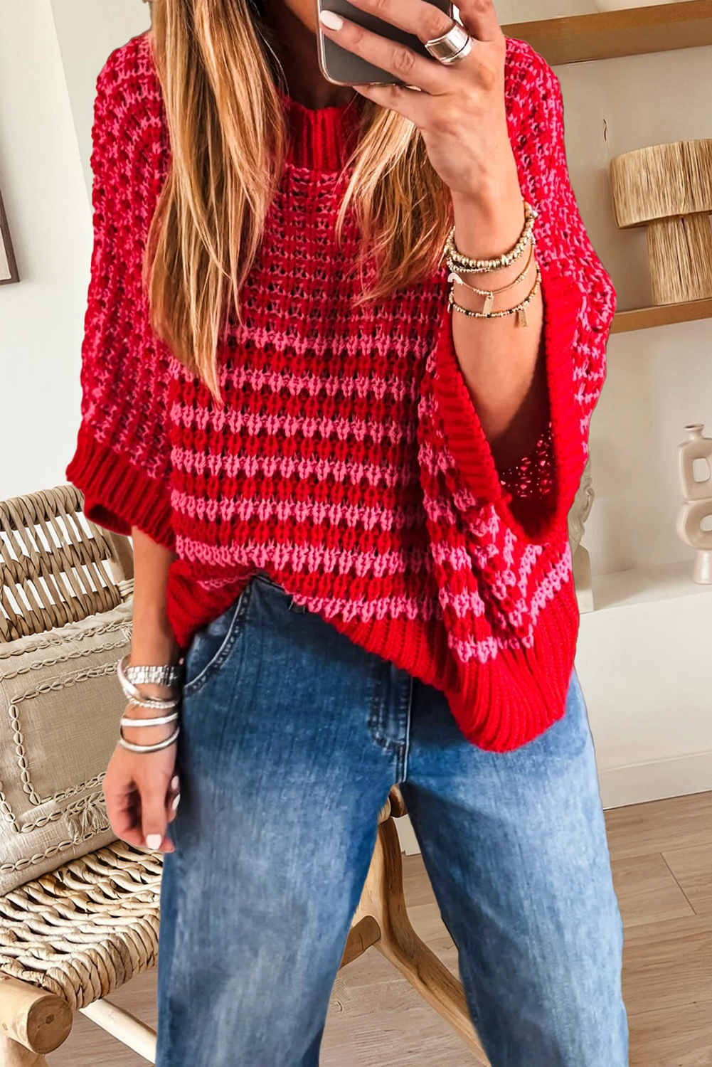 Spring 2026 Stripe 3/4 Draped Sleeve Slouchy Sweater